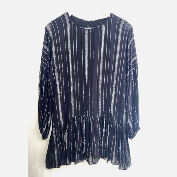 ZARA Trafaluc Y2K Black & Metallic Silver Shift Mini Dress Tiered Hem Size M - Picture 1 of 5